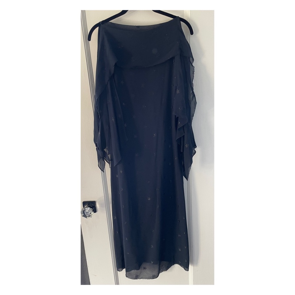 Silk chiffon navy dress with shiny black stars by Miguel Adrover